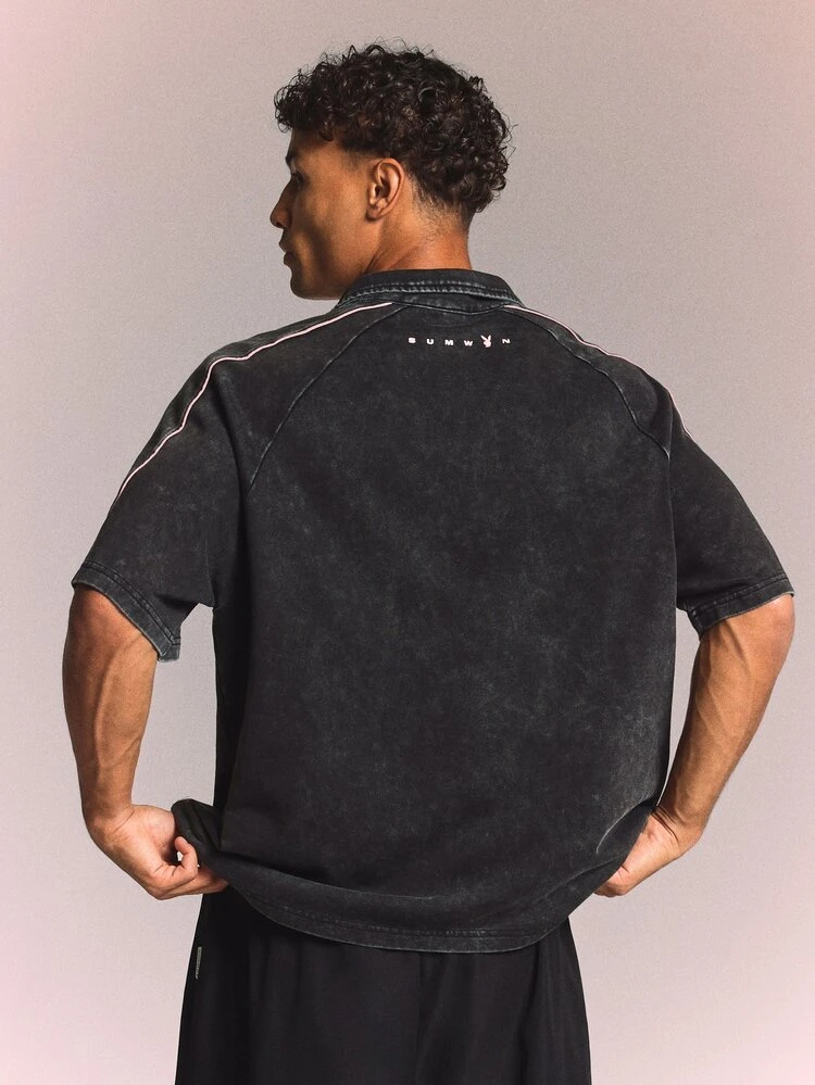PLAYBOY X SUMWON 1953 Boxy Fit Acid Wash Polo Shirt With Piping Detail And Chest Logo Print Collared Short Sleeve Summer Top
