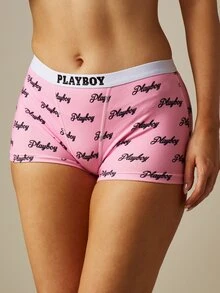 Missguided x Playboy Logo Boyshort Underwear With Branded Elastic Waistband And All-Over Script Print - Pink - View 2