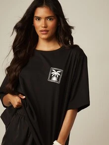 MISSGUIDED 寬鬆版圖案T恤，胸前與全背印有海岸郵票插圖，夏季度假款上衣 - 黑色 - 查看 5