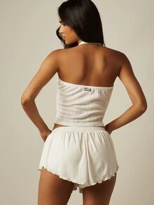 MISSGUIDED 鏤空掛脖細肩帶背心與荷葉邊短褲居家套裝 兩件式夏季睡衣套裝 - 白色 - 查看 2