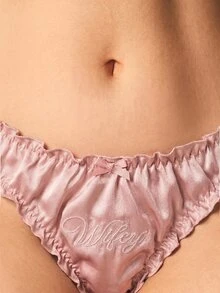 MISSGUIDED Celana Dalam Thong Pengantin Satin Berenda dengan Bordir "Wifey" dan Detail Pita - Baby Pink - View 5