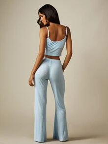 MISSGUIDED Bộ đồ 2 món phối cami dệt kim họa tiết pointelle viền hoa hồng và quần ống loe mặc nhà - Màu xanh lam - Xem 2