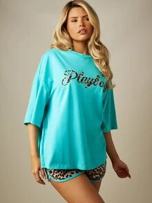 Missguided x Playboy Oversized Grafik-T-Shirt mit Leoparden-Schriftzug-Logo, Drop-Shoulder, Sommer-Festival-Stil - Blau - Übersicht 4