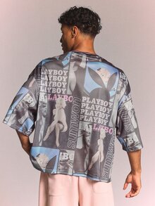 PLAYBOY X SUMWON Kaos Lengan Pendek Leher Bulat Model Box Fit dengan Panel Motif Jala Jersey Cetak untuk Festival Musim Panas - MultiWarna - View 2
