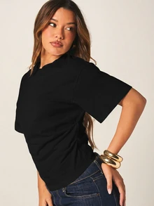 MISSGUIDED Boxy Cinched T-Shirt With Ruched Waist Detail, Crew Neck And Short Sleeves, Casual Everyday Top - Black - View 4