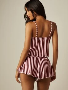 MISSGUIDED Striped Satin Cami And Shorts Pyjama Set With Ruffle Trim Adjustable Straps Sweetheart Neckline Sleepwear - Multicolor - View 2