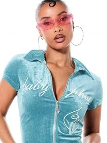 BABYPHAT Velour Zip-Up Collared Crop Top With Script Logo And Cat Embroidery Detail - Green - View 4