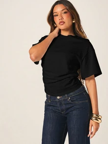 MISSGUIDED Boxy Cinched T-Shirt With Ruched Waist Detail, Crew Neck And Short Sleeves, Casual Everyday Top - Black - View 5