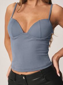 MISSGUIDED Korsett-Crop-Top mit Herz-Ausschnitt und Spaghettiträgern, figurbetontes Bustier-Cami für Ausgehen, Party und Sommer - Graublau - Übersicht 3