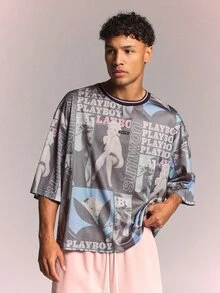 PLAYBOY X SUMWON Kaos Lengan Pendek Leher Bulat Model Box Fit dengan Panel Motif Jala Jersey Cetak untuk Festival Musim Panas - MultiWarna - View 4