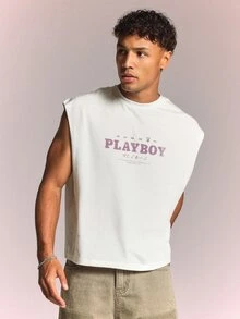 PLAYBOY X SUMWON Cropped Boxy Fit Raw Edge Tank Top With Front And Back Graphic Print Sleeveless Crew Neck Summer - White - View 5