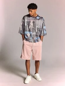 PLAYBOY X SUMWON Kaos Lengan Pendek Leher Bulat Model Box Fit dengan Panel Motif Jala Jersey Cetak untuk Festival Musim Panas - MultiWarna - View 3