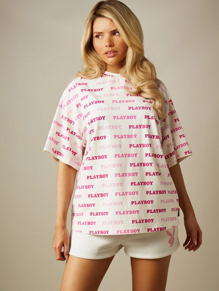 Missguided x Playboy Maglietta oversize a girocollo con stampa all-over, maniche corte e motivo con testo logo - Multicolore - Visualizzare 1