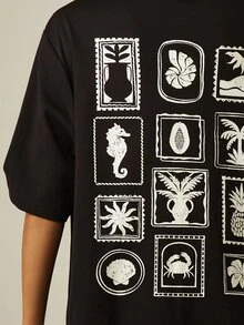 MISSGUIDED 寬鬆版圖案T恤，胸前與全背印有海岸郵票插圖，夏季度假款上衣 - 黑色 - 查看 4