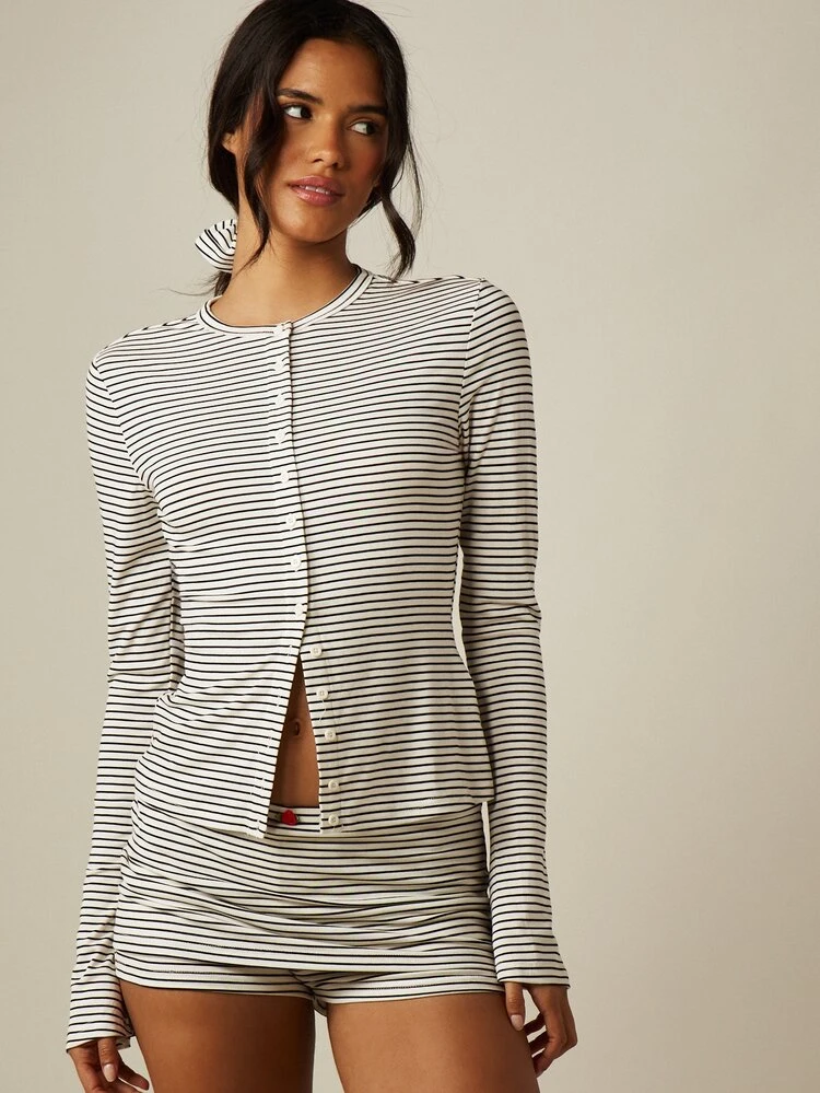 MISSGUIDED Striped Button Crop Top With Mini Shorts Set