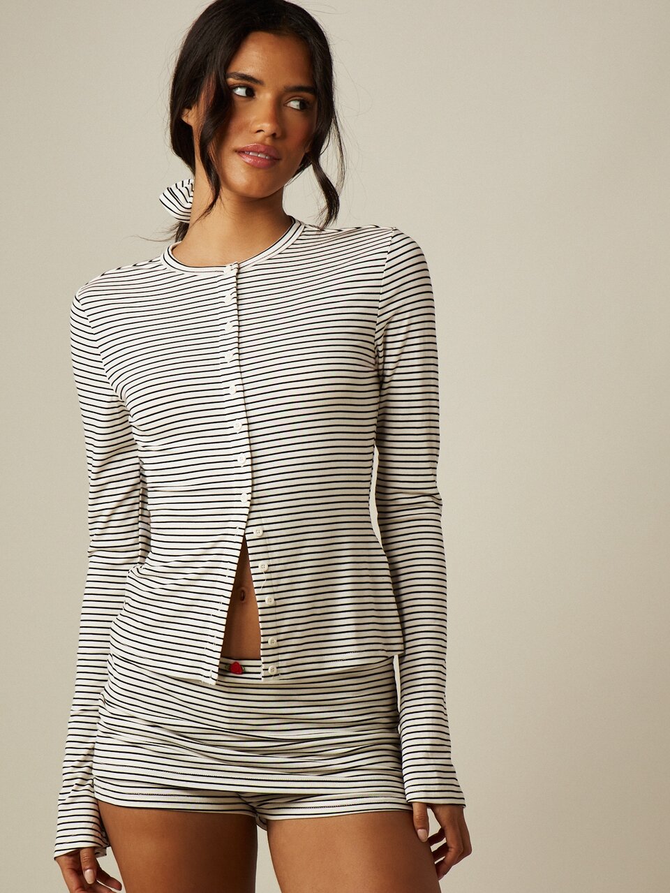 MISSGUIDED Striped Long Sleeve Button-Front Crop Top And Mini Shorts Co-Ord Pajama Lounge Set