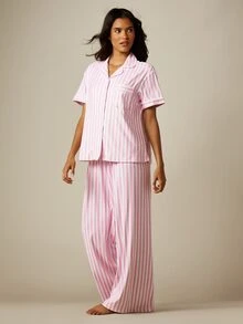 MISSGUIDED Striped Short Sleeve Button-Up Shirt And Wide Leg Trouser Pajama Lounge Set Summer Sleepwear Co-Ord - Multicolor - View 3