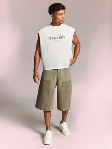 PLAYBOY X SUMWON Cropped Boxy Fit Raw Edge Tank Top With Front And Back Graphic Print Sleeveless Crew Neck Summer - White - View 3