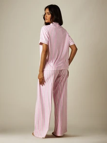 MISSGUIDED Striped Short Sleeve Button-Up Shirt And Wide Leg Trouser Pajama Lounge Set Summer Sleepwear Co-Ord - Multicolor - View 2