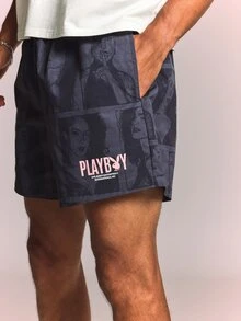 PLAYBOY X SUMWON Printed Swim Shorts With All-Over Photographic Pattern And Elastic Waist For Summer Vacation - Grey - View 1