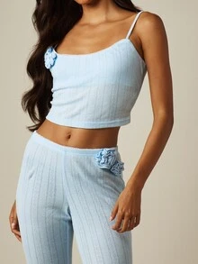 MISSGUIDED Bộ đồ 2 món phối cami dệt kim họa tiết pointelle viền hoa hồng và quần ống loe mặc nhà - Màu xanh lam - Xem 4