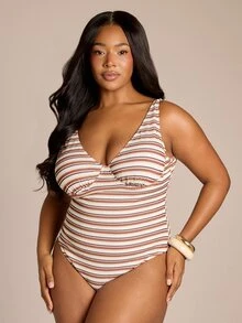 FASHION SZN Große Größen formender Crinkle-Badeanzug mit tiefem Ausschnitt, gestreift, Boho-Stil, Ibiza-Reise, mit Trägern, hoher Abdeckung, Strandclub-Badeanzug, Einteiler, Sommerurlaub - Kaffeebraun - Übersicht 3