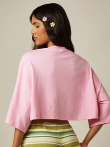 MISSGUIDED Oversized Crop T-Shirt With Tropical Floral Fruit Graphic Print And French Script Front Detail Summer Top - Pink - View 2