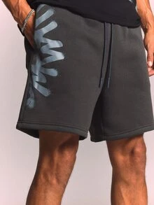 SUMWON Pull-On Fleece Shorts With Graffiti Logo Print, Drawstring Waist And Side Pockets, Summer Casual - Dark Grey - View 5