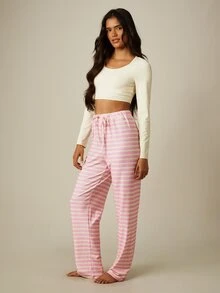 MISSGUIDED Long Sleeve Crop Top And Striped Wide Leg Trouser Pajama Set Lounge Sleepwear Co-Ord Two-Piece - Multicolor - View 3