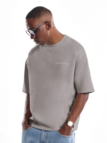 SUMWON Essential Regular Fit Premium Suede T-Shirt With Crew Neck Short Sleeve Minimalist Logo Casual Everyday Top - Grey - View 1