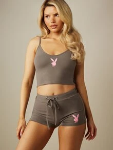 Missguided x Playboy Bunny Logo V-Neck Cami Crop Top And Booty Short Co-Ord Set Summer Lounge Two-Piece Outfit - Grey - View 4