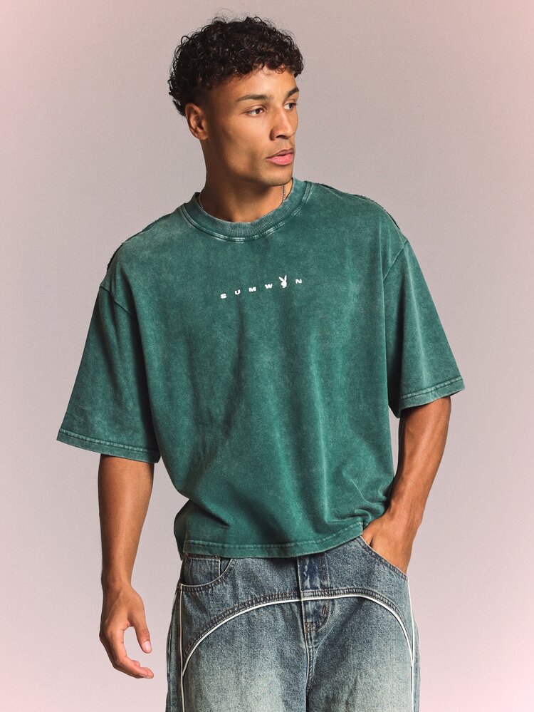 PLAYBOY X SUMWON Cropped Boxy Fit Embroidered T-Shirt With Crew Neck Short Sleeve And Back Logo Print