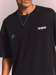 PLAYBOY X SUMWON Casual Regular Fit Printed Crew Neck Short Sleeve T-Shirt With Slogan And Logo Detail - Black - View 4