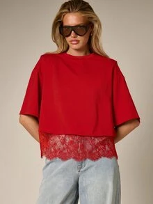 AiiRZ Lace Trim Crop T-Shirt With Shoulder Pads Floral Scallop Hem Boxy Oversized Top - Red - View 1