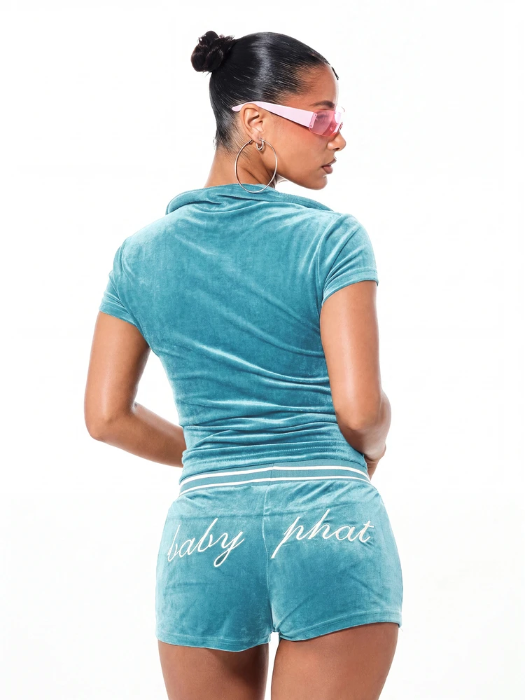 BABYPHAT ベロア ジップアップ 襟付きクロップトップ スクリプトロゴと猫の刺繍ディテール