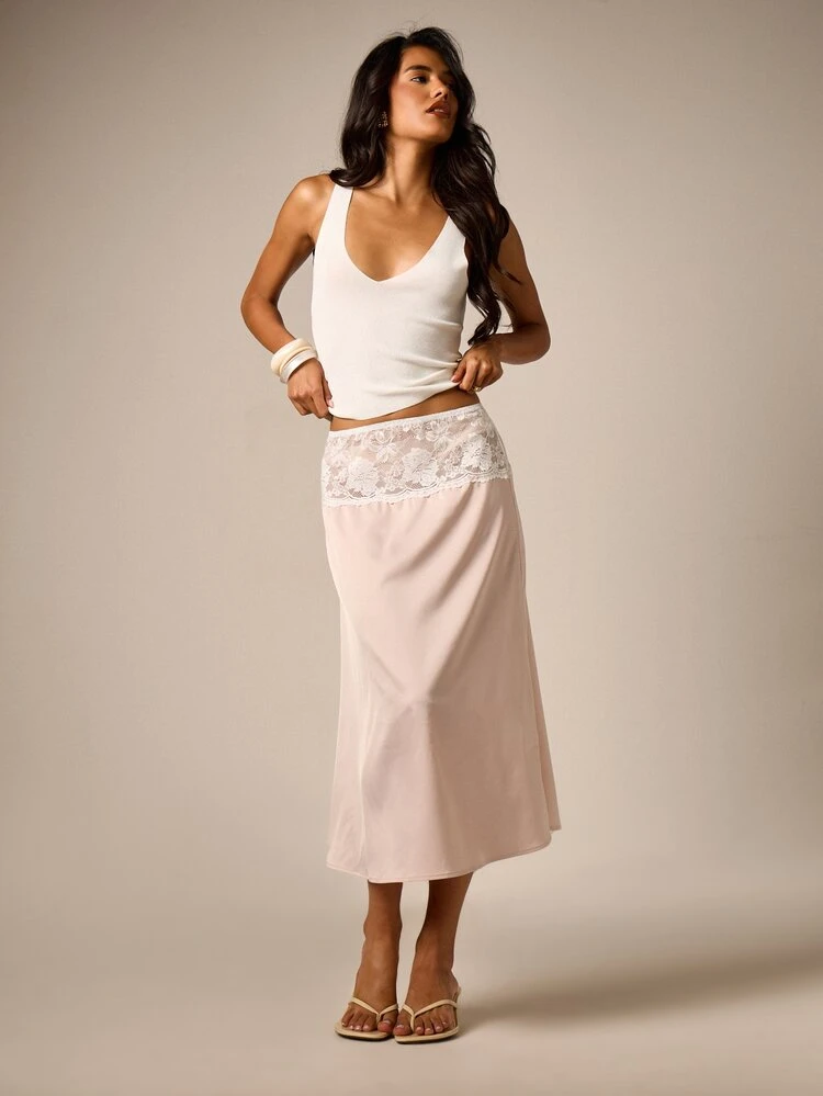Satin A-Line Midi Skirt With Lace Waistband