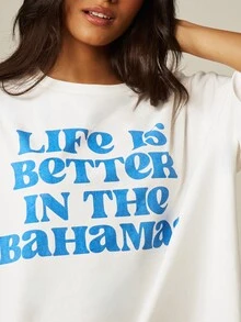 MISSGUIDED Life Is Better In The Bahamas 標語印花寬版圓領短袖圖案T恤 夏季度假款 - 白色 - 查看 4