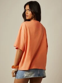 MISSGUIDED Spritz 寬鬆版短版圖案印花 T-Shirt，格紋印花圓領短袖夏季上衣 - 橘色 - 查看 2