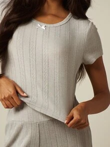 MISSGUIDED Pointelle Slim Fit Tee And Legging Lounge Set Ribbed Knit Crop Top High Rise Skinny Pants Cozy Two-Piece Coord - Grey - View 4