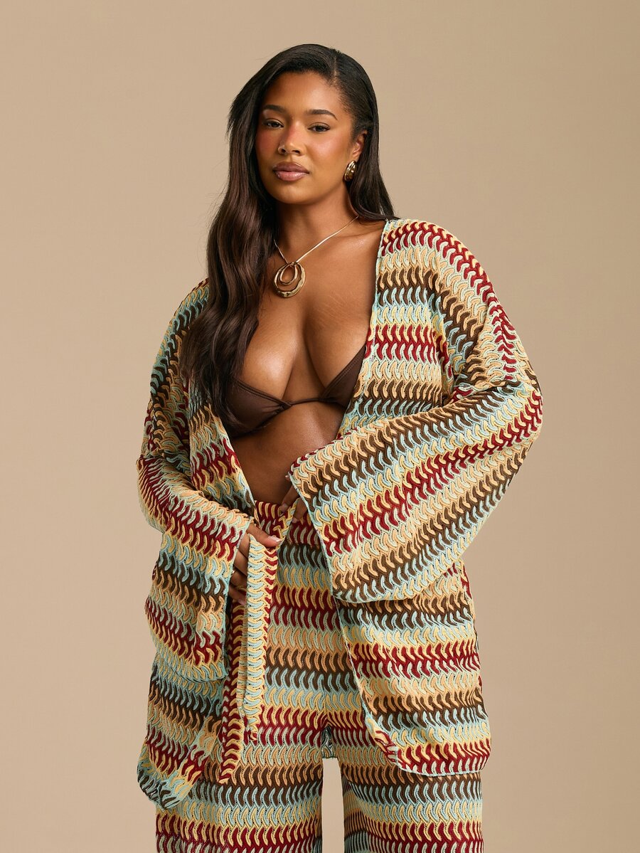 FASHION SZN 大尺碼鉤編海灘罩衫和服式外罩 繫帶設計 透視優雅時尚 適合海灘派對、海灘俱樂部、音樂節、伊比薩波西米亞風 旅行夏季度假泳裝上衣 - 彩色 - 查看 1