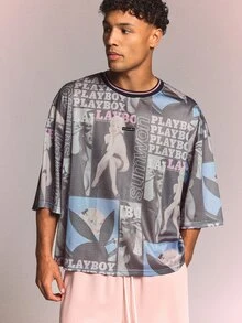 PLAYBOY X SUMWON Kaos Lengan Pendek Leher Bulat Model Box Fit dengan Panel Motif Jala Jersey Cetak untuk Festival Musim Panas - MultiWarna - View 5