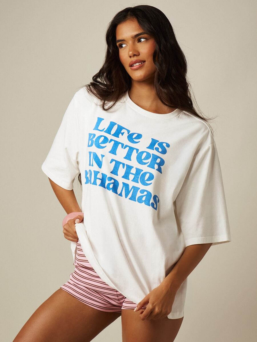 MISSGUIDED Life Is Better In The Bahamas 標語印花寬版圓領短袖圖案T恤 夏季度假款 - 白色 - 查看 1