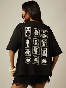 MISSGUIDED 寬鬆版圖案T恤，胸前與全背印有海岸郵票插圖，夏季度假款上衣 - 黑色 - 查看 1