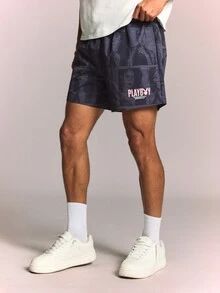 PLAYBOY X SUMWON Printed Swim Shorts With All-Over Photographic Pattern And Elastic Waist For Summer Vacation - Grey - View 5