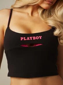 Missguided x Playboy Scoop Neck Cut Out Cami Top With Spaghetti Straps And Logo Print Summer Festival Style - Black - View 6