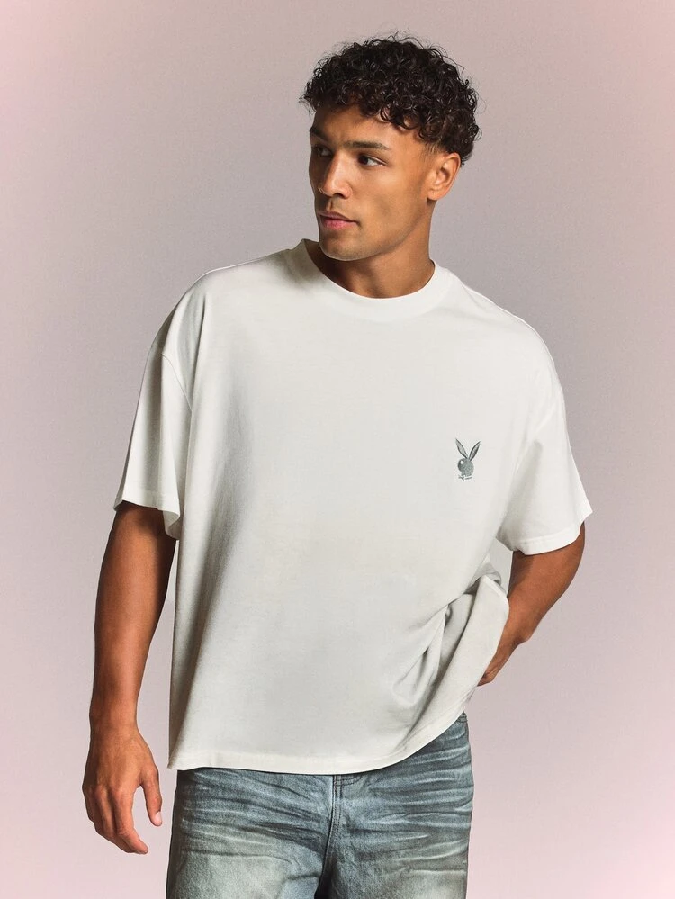 PLAYBOY X SUMWON Oversized Fit Crew Neck Short Sleeve Casual T-Shirt With Bunny Applique Back Detail And Chest Logo