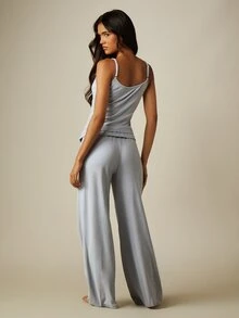 MISSGUIDED Ribbed Cami And Wide Leg Trouser Pyjama Set Sleeveless Scoop Neck Loungewear Two Piece Sleepwear - Blue - View 2