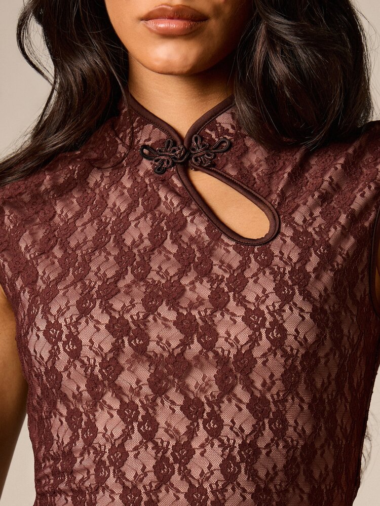 Lace Crop Top With Mandarin Collar And Frog Button