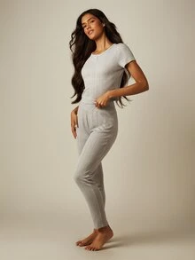 MISSGUIDED Pointelle Slim Fit Tee And Legging Lounge Set Ribbed Knit Crop Top High Rise Skinny Pants Cozy Two-Piece Coord - Grey - View 3