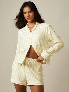 MISSGUIDED Bộ đồ ngủ mặc nhà mùa hè 2 món phối sẵn, áo sơ mi dài tay cài nút kẻ sọc và quần short - Nhiều màu - Xem 1